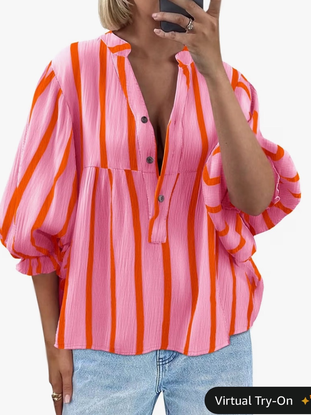 Button-Front Pink Blouse with Red Stripes